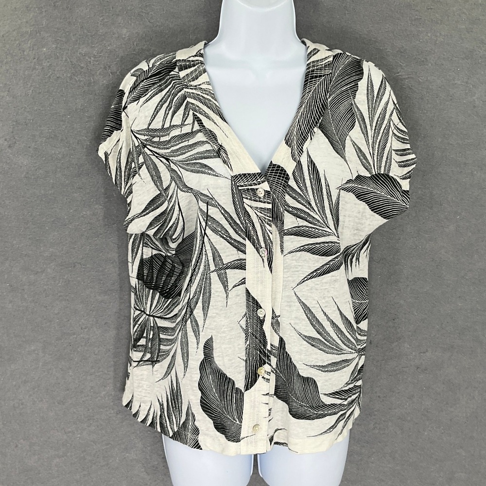 Tahari Top Womens Sz M‎ Linen Button Down Tropical Leaf Print Short Sleeve Shirt